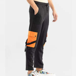 Pantalon de jogging cargo noir pour homme avec poches orange, taille élastique et cordon de serrage, décontracté, respirant, mi-lourd, tricoté, automne - Product Image 2
