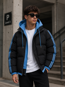 Men's Reversible Hooded Puffer Jacket Color Blocking Casual Winter <b>Coat</b> Thick Polyester Wadding <b>Zipper</b> Closure Loose Fit - Product Image 5