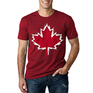 Men's Red Cotton T-Shirt With White Maple <b>Leaf</b> Print O-Neck Short Sleeve Casual Regular Fit Jersey Knitted Front Logo - Product Image 4