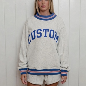 Pulls en molleton surdimensionnés avec logo brodé personnalisé, couleur contrastée, sweat-shirt à col rond rayé pour femmes avec tricot côtelé - Product Image 5