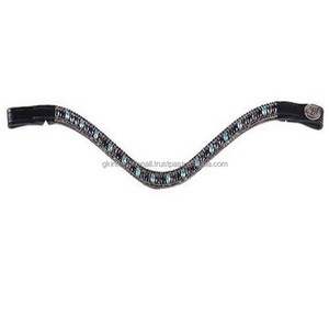 Bande de front de cheval en cuir noir en forme de vague équipée de 3 rangées de gros strass multicolores Cristaux mega bling bridle brow band - Product Image 4