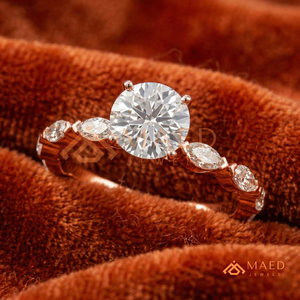 แหวนหมั้นทรงกลมทองคำ 14K/18K โรสโกลด์ ประดับด้วยพลอยทรงมาร์คีส์และทรงกลมด้านข้าง |   แหวนแต่งงานสำหรับผู้หญิงที่มีสไตล์ - Product Image 2