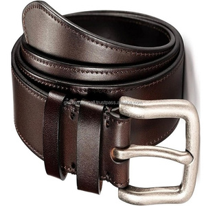 Ceinture décontractée en cuir de grain de finition lisse marron de luxe pour hommes avec boucle en laiton vintage argenté antique et coutures solides - Product Image 6