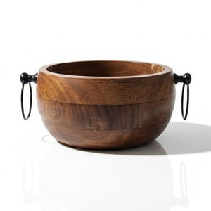 Ensemble de bols de service en bois d'acacia de qualité supérieure, ronds et ovales avec poignées en métal rustique, parfaits pour la table à manger à la maison et au restaurant - Product Image 3