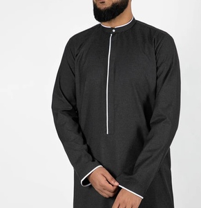 Men's <b>Brown</b> Thobe Long Sleeve <b>Tie</b> Neck Embroidered Modest Prayer Wear Cotton Floor Length All Seasons Middle East Style - Product Image 5