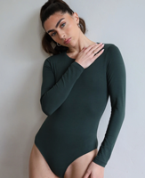 Bodysuit Wanita Gaya Vintage Warna Hijau Tua Lengan Panjang Kerah Bulat Warna Solid Rajutan Elastis Pakaian Aktif Bodycon Cocok untuk Semua Musim