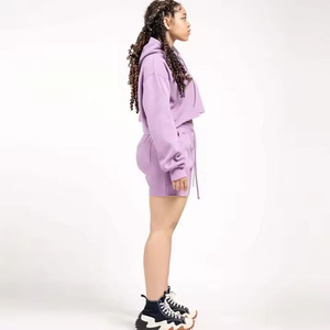 Ensemble 2 pièces pour femme : sweat à capuche court et short, couleur unie, en molleton, décontracté, sportswear, printemps-été, manches longues, coupe ample - Product Image 4
