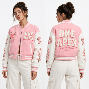 Custom Pink Women <b>Varsity</b> <b>Jacket</b> Wool Blend Letterman <b>Jacket</b> Chenille Embroidery College <b>Bomber</b> <b>Jacket</b> OEM Fashion - Product Image 1