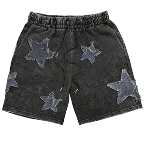 New Custom Black Acid Wash Shorts Vintage Distressed Sweat Shorts Star Graphic Applique Embroidery Custom Street Wear Shorts - Product Image 1