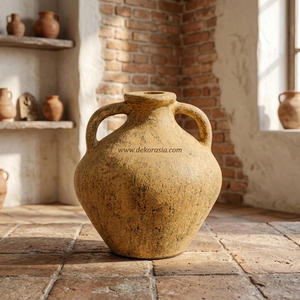 Vase en terre cuite rustique jaune <span class=keywords><strong>Lela</strong></span> avec poignée, perles décoratives, pot en argile artisanal, urne décorative en céramique pour table - Product Image 6