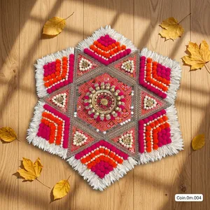 Tapis Rangoli traditionnel en coton avec motif pompon rose, orange et blanc pour la décoration de mariage et de festival - Product Image 5