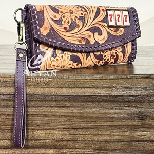 2026 New Hot Selling Floral Hand Tooled Leather Clutch for Women's Cowhide Fur Leather Card Holder Luxury Wristlet Wallet <b>Purses</b> - Product Image 1