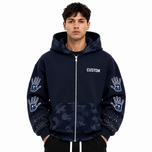 New Fashionable Blue Camo Pocket Graphic Handprint Hoodies Full Zip Heavyweight Cotton Streetwear Pullover Private Label Factory - Product Image 1