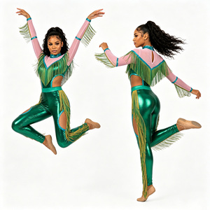 Uniforme Verde con Flecos Majarotte, Logotipo Frontal Rosa, Mangas Largas con Recortes, Ropa de Actuación para Adultos, Disfraz de Danza Escénica, 100% Poliéster - Product Image 2