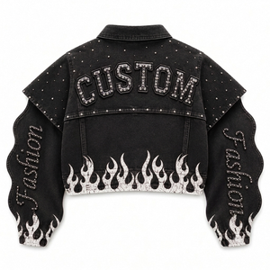 Custom Cropped Flame Graphic Studded <b>Jacket</b> Vintage Street Wear Zip Up Casual Fashion Outerwear For Unisex Wear - Product Image 2