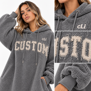 High Fashion Drop Shoulder Gray Fleece <b>Hooded</b> Maxi <b>Sweatshirt</b> <b>Dress</b> Custom Distressed Applique Letter Winter Fall Gown Tracksuit - Product Image 2