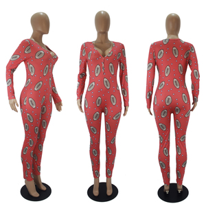 Combinaison moulante bleue imprimée pour femme, manches longues, col en V, taille haute, coupe ajustée, longueur intégrale, en Spandex et Polyester - Product Image 5