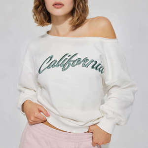 Womens Cream Solid California Letter Embroidered <b>Off</b>-The-<b>Shoulder</b> Oversized <b>Sweatshirt</b> Long Sleeve Casual Streetwear - Product Image 1