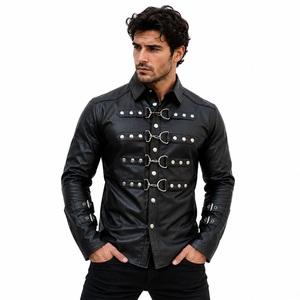 Camisa gótica de cuero negro para hombre con hebilla, corte ajustado, cuello vuelto, manga regular, chaqueta de moda para fiesta. - Product Image 1