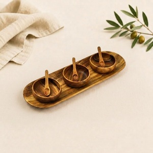 Handcrafted Eco-Friendly Mango Wood Condiment Set 3 Spice Bowls with <b>Mini</b> Wooden Spoons and Serving Tray for Salt Pepper - Product Image 1