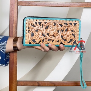 Beautiful Designer Hand Tooled Genuine Leather Women Wristlet Clutches Multi Floral Pattern Everyday Evening <b>Wallet</b> <b>Purse</b> - Product Image 1