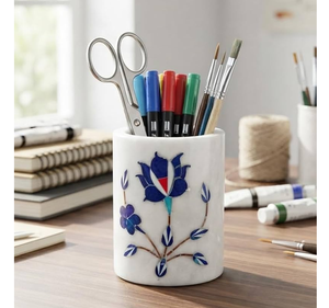 Porte-stylos en marbre, organiseur d'accessoires de bureau luxueux avec incrustation florale, artisanat moderne à prix abordable - Product Image 6