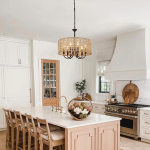Boho Rattan Chandelier Farmhouse Woven Pendant <b>Light</b> Rustic Natural <b>Rope</b> Hanging Ceiling Lamp Coastal Bohemian Drum Shade - Product Image 3
