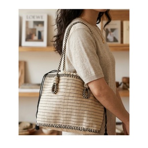 Bolsa de Mano Tejida a Mano de Algodón Suave, Bolsa de Hombro Ecológica de Fibra Natural, Gris a Rayas, para la Playa o el Mercado, a Bajo Precio - Product Image 6