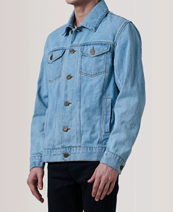 Blouson en jean bleu clair pour homme, coupe droite, en coton délavé, décontracté, respirant, boutonné, couleur unie, faible MOQ - Product Image 1