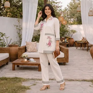 Women's <b>White</b> Embroidered Cotton <b>Set</b> Three Quarter Sleeve Long Pants Casual Floral Design V-neck Loose Fit Spring Summer Wear - Product Image 6
