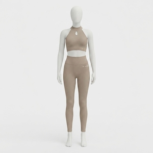 Ensemble de yoga deux pièces pour femme : soutien-gorge de sport côtelé beige à col halter et leggings taille haute – Idéal pour la gym, le fitness et l'entraînement - Product Image 1
