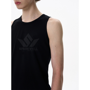 Men's <b>Black</b> Sleeveless <b>Tank</b> <b>Top</b> O-Neck 100% Cotton Knitted Breathable Casual Regular Fit Front Graphic Print Muscle Vest - Product Image 3