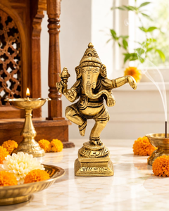 Statue de Ganesha dansant en métal finition or antique, décoration religieuse hindoue pour la maison et le temple - Product Image 4