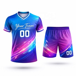 Conjunto de Camiseta de Fútbol Azul y Morado Personalizada, Sublimada, Cuello en V, Manga Corta, Poliéster que Absorbe la Humedad, Uniforme Deportivo Unisex para Adultos - Product Image 1