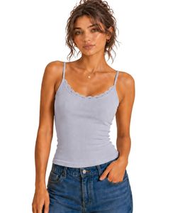 Top corto de tirantes finos azul claro para mujer, con encaje y ribetes, sin mangas, de algodón, ajustado, informal, para verano, estilo camiseta sin mangas, a la moda. - Product Image 1
