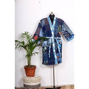 Vêtements de plage été printemps automne, vêtements de resort vintage en coton et soie Kantha, kimono indien, veste enveloppante respirante - Product Image 1