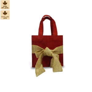 Red Dyed Laminated Jute Gift Bags with Lurex <b>Bow</b> 15x15x10 cm Small Festive Tote Custom Logo Wholesale Bulk OEM ODM Private Label - Product Image 1
