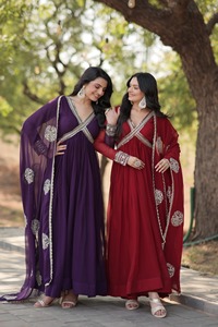 Women Faux Blooming Gown with Embroidery Zari Sequence Work Anarkali gowns for Indian and Pakistani <b>Wedding</b> Wear Low Price Gowns - Product Image 4