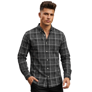 Chemise en flanelle à carreaux gris et noir pour homme, manches longues, boutonnée, décontractée, en tissu brossé doux, style streetwear, vente en gros - Product Image 1