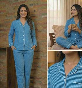 Premium Indigo Cotton Hand Printed Pajama Set <b>for</b> <b>Women</b> Floral Sleepwear Wholesale Factory Supplier India - Product Image 3
