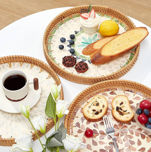 Plateau de rangement pour vin, plateau de service petit-déjeuner et dîner, plateau de rangement en rotin et nacre, meilleur prix - Product Image 3