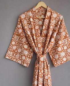 Robe longue décontractée pour femme en rayonne et coton, imprimé floral fait main indien, col en V, manches longues, taille naturelle, tissée - Product Image 1