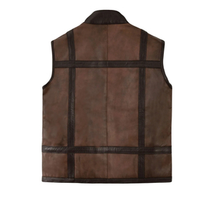 Chaleco de cuero genuino para hombre, color marrón, con bloques de color, cuello alto y cremallera, estilo motero - Product Image 2