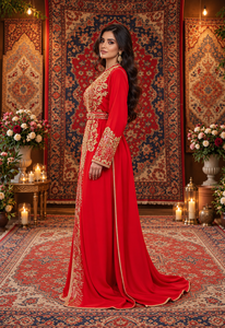 Caftán marroquí largo de terciopelo color ciruela con bordado a mano en rojo rubí de Mishkat Couture para mujeres musulmanas europeas, elegante. - Product Image 3