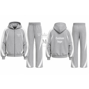 Custom Logo Gray White Color Blocking Tracksuit 100% Set Full <b>Zip</b> <b>Hooded</b> 450 Gsm Sweatshirt Pants - Product Image 5