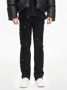 High Quality Cotton Men <b>Jeans</b> American Highstreet Brand Hiphop Mid-Rise Flare Fit Ruffles Corn Ring Black Wash Men's Denim <b>Jeans</b> - Product Image 5