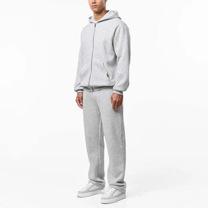 Survêtement d'hiver uni à coupe décontractée |   Sweat à capuche entièrement zippé en coton doublé polaire 400g avec ourlets ouverts et pantalon de jogging - Product Image 5