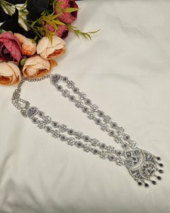Elegant Rhodium Plated Cubic Zirconia <b>Jewellery</b> <b>Set</b> Multi Layer Long Necklace Matching Earrings Mangtika Partywear <b>Set</b> Wholesale - Product Image 5