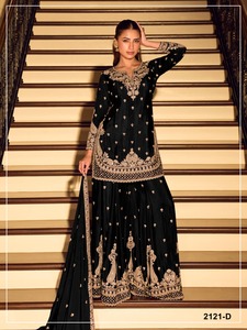 Salwar Kameez semi-cousu en soie chinon noire pour femme, broderie dorée, longueur ras du sol, tenue de mariage traditionnelle style Inde Pakistan - Product Image 2