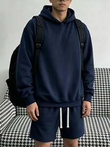 Ensemble sweat à capuche et short noir pour homme, couleur unie, tenue décontractée d'été, tricoté en molleton confortable - Product Image 6